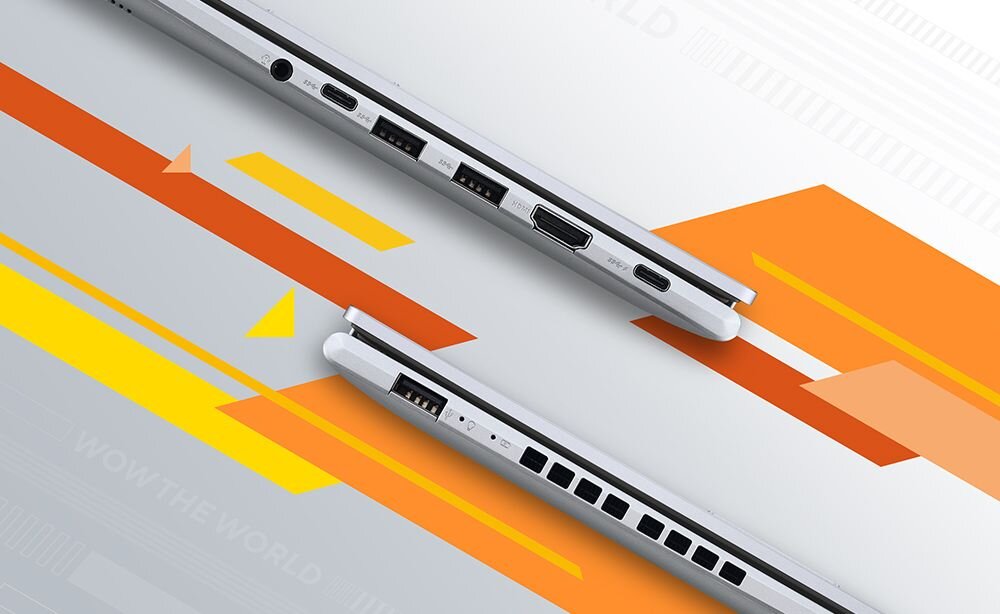 Zbliżenie na porty USB, HDMI i USB‑C laptopa ASUS VivoBook 16 przedstawione na geometrycznym tle – Opcje połączeń