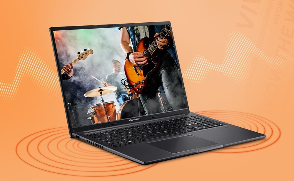 Laptop ASUS VivoBook 16 z technologią dźwięku Dirac wyświetla scenę koncertową na żywym pomarańczowym tle – Dźwięk Dirac