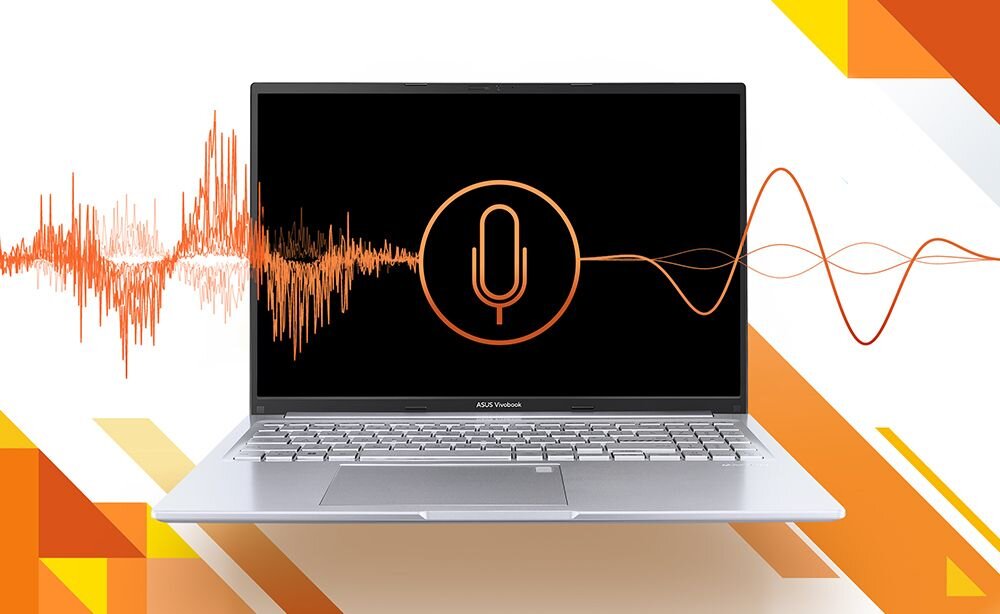Laptop ASUS VivoBook 16 prezentuje grafikę mikrofonu symbolizującą redukcję szumów na pomarańczowo‑białym tle – Redukcja szumów AI
