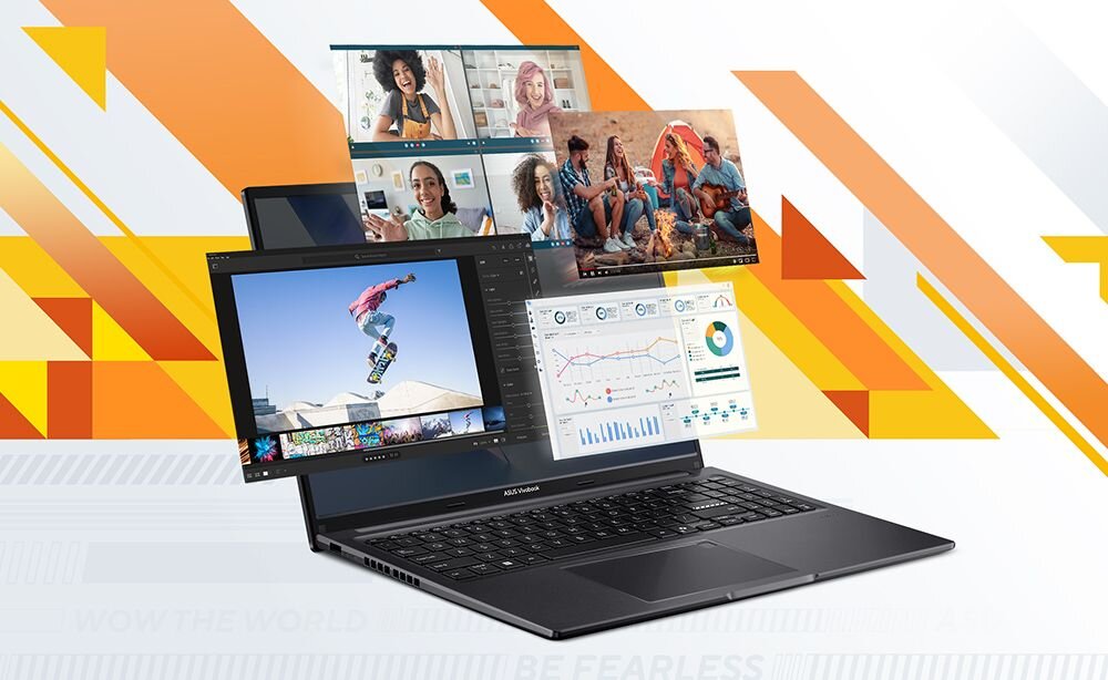 Laptop ASUS VivoBook 16 z procesorem AMD Ryzen 5 150 pokazuje wiele aplikacji na ekranie w kontekście pracy wielozadaniowej – Wydajność procesora AMD