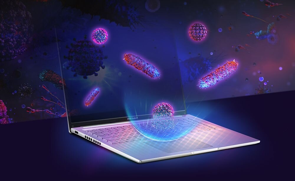 Laptop ASUS VivoBook 16 prezentuje technologię Antimicrobial Guard Plus z graficzną wizualizacją ochrony przed bakteriami – Powłoka antybakteryjna