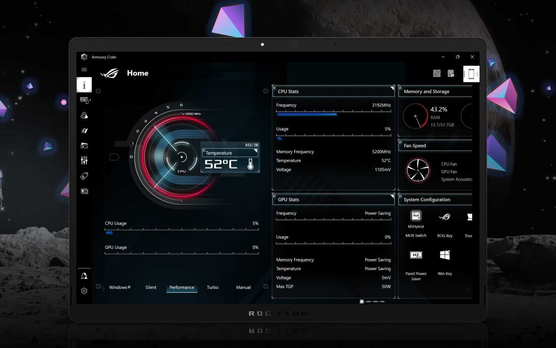 Interfejs Armoury Crate na ekranie ASUS ROG Flow Z13 – monitorowanie CPU, GPU i pamięci oraz personalizacja oświetlenia Aura Sync RGB
