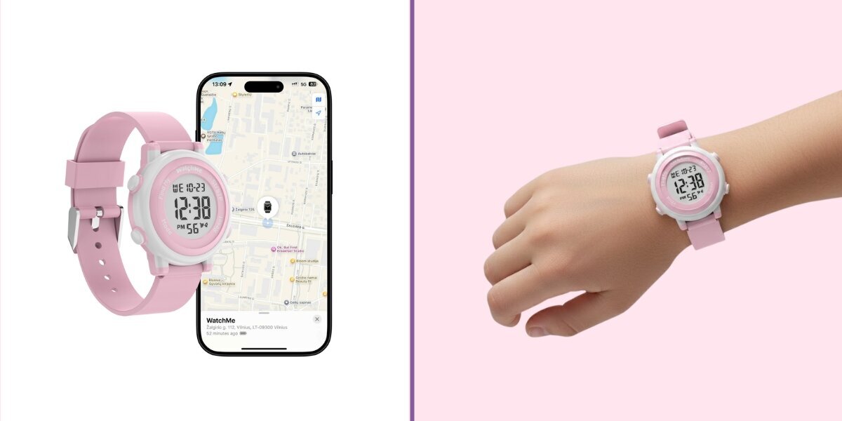 Grafika ukazująca funkcję Apple Find My z którą współpracuje zegarek WatchMe Kids.