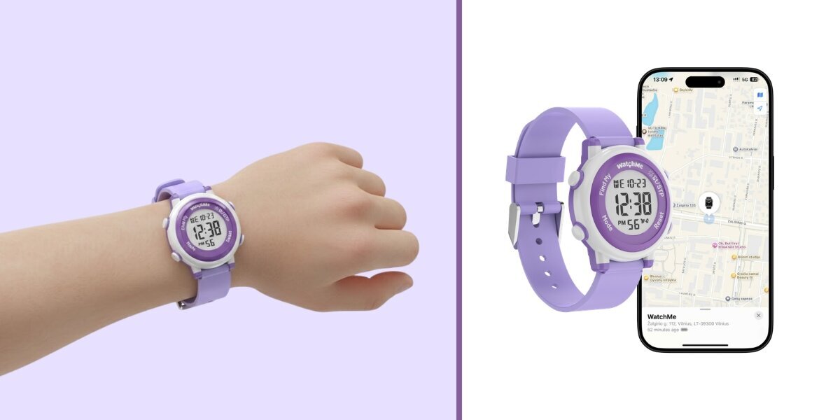 Grafika ukazująca funkcję Apple Find My z którą współpracuje zegarek WatchMe Kids.
