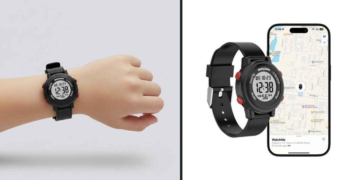 Grafika ukazująca funkcję Apple Find My z którą współpracuje zegarek WatchMe Kids.