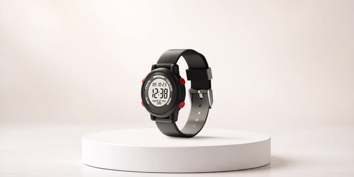 Smartwatch SPONGE WatchMe Kids na podstawce białej podstawce.