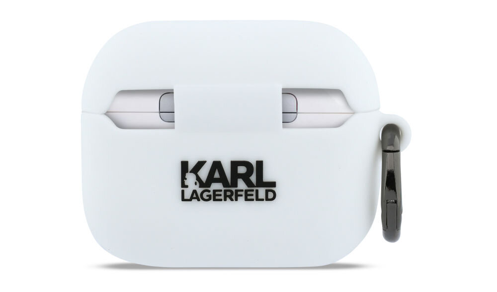 Białe etui na słuchawki z czarnym napisem \'KARL LAGERFELD\' na przodzie oraz metalowym karabińczykiem z boku.