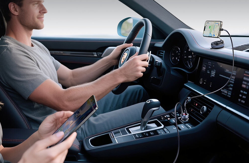 Wnętrze samochodu z widocznym kierowcą trzymającym kierownicę i pasażerem korzystającym z tabletu. Na desce rozdzielczej zamontowany jest smartfon podłączony do ładowarki samochodowej.