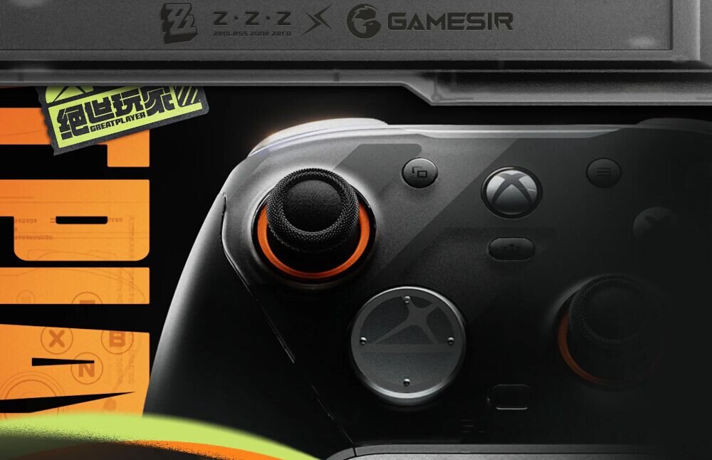 Kontroler GAMESIR G7 Pro Zenless Zone Zero Edition kontroler na ciemnym tle z kolorowymi napisami