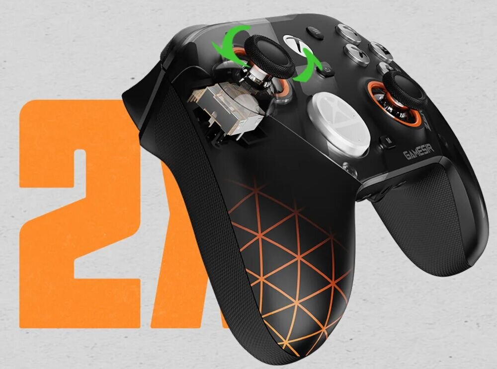 Kontroler GAMESIR G7 Pro Zenless Zone Zero Edition pad pod kątem na szarym tle pomarańczowy napis drążki i analogowe spusty