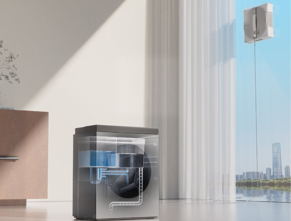 Robot do mycia okien ECOVACS Winbot W3 Omni Samoczyszcząca stacja do szczelnej tacki na osady odprowadza je do zbiornika na brudną wodę bez dodatkowej pracy