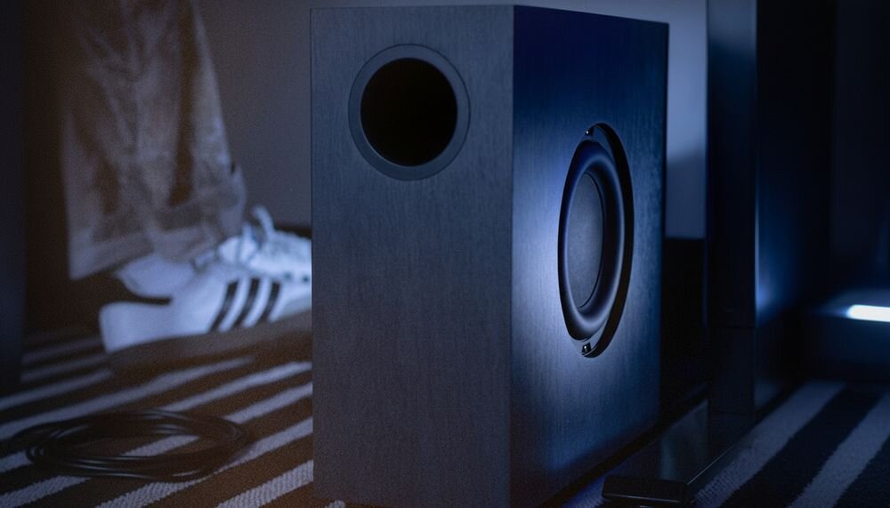 Na obrazie widoczny jest czarny subwoofer z okrągłym otworem i głośnikiem na boku, stojący na dywanie w pobliżu osoby w białych butach sportowych. W tle widać słabo oświetlone elementy wnętrza.