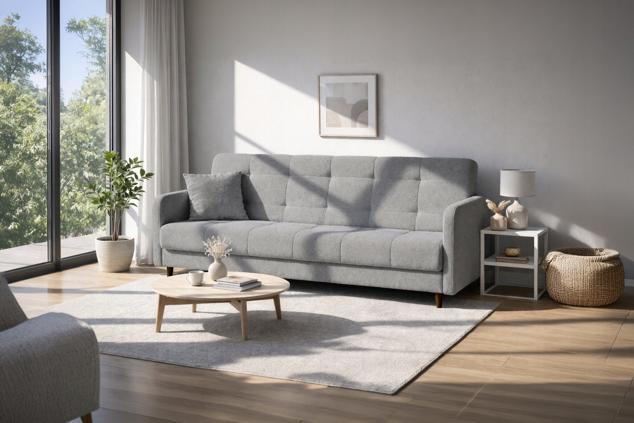 Szara sofa z funkcją spania stoi w jasnym salonie, obok niej znajduje się stolik z lampką i dekoracjami. Na podłodze leży jasny dywan, a w tle widać duże okno z widokiem na zieleń.