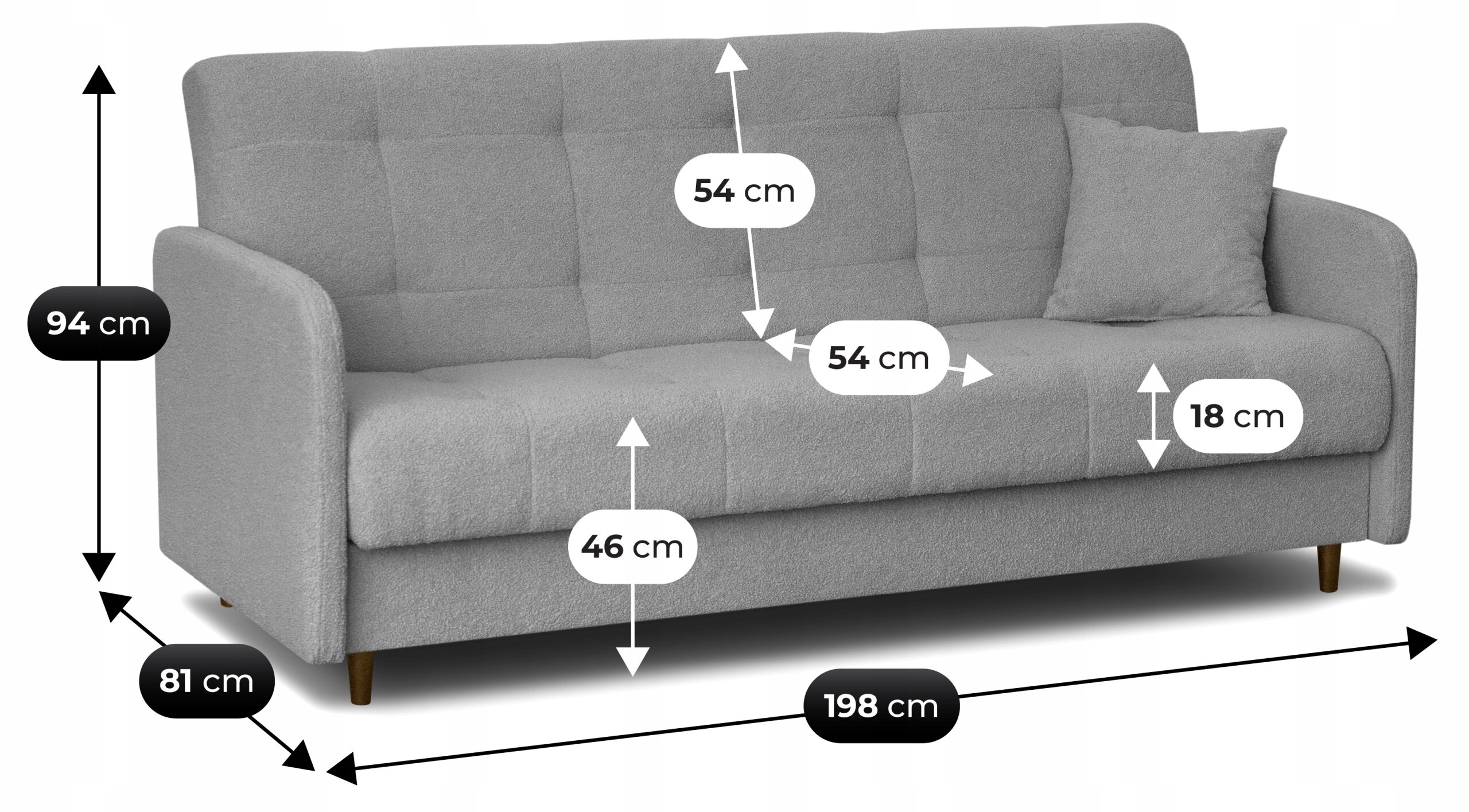 Szara sofa z funkcją spania, z poduszką, o wymiarach: wysokość 94 cm, głębokość 81 cm, szerokość 198 cm, wysokość siedziska 46 cm, głębokość siedziska 54 cm, wysokość oparcia 54 cm, wysokość nóżek 18 cm.