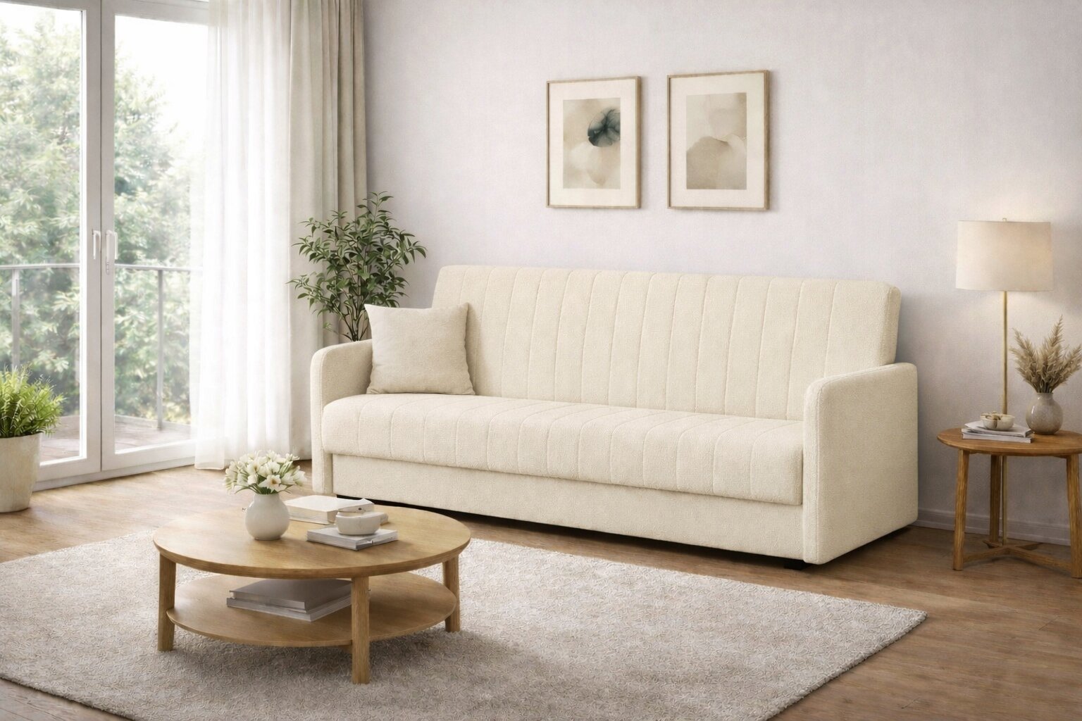 Beżowa sofa z funkcją spania stoi w jasnym salonie, obok okna z zasłonami. Przed sofą znajduje się okrągły stolik z dekoracjami, a na ścianie wiszą dwa obrazy.