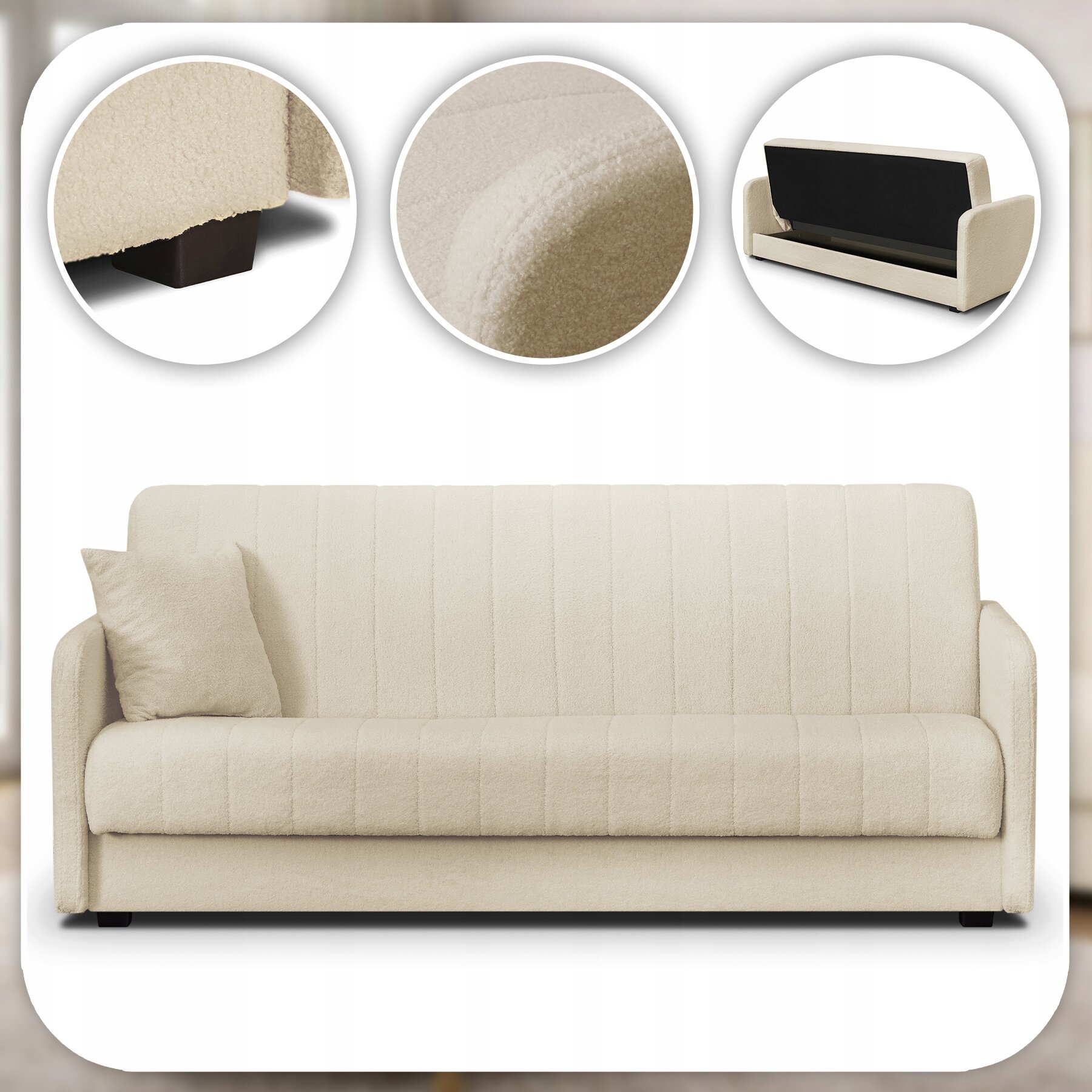 Beżowa sofa z funkcją spania, z poduszką na jednym z boków. Dodatkowe zdjęcia pokazują zbliżenia na nóżki, materiał oraz otwarty schowek na pościel.