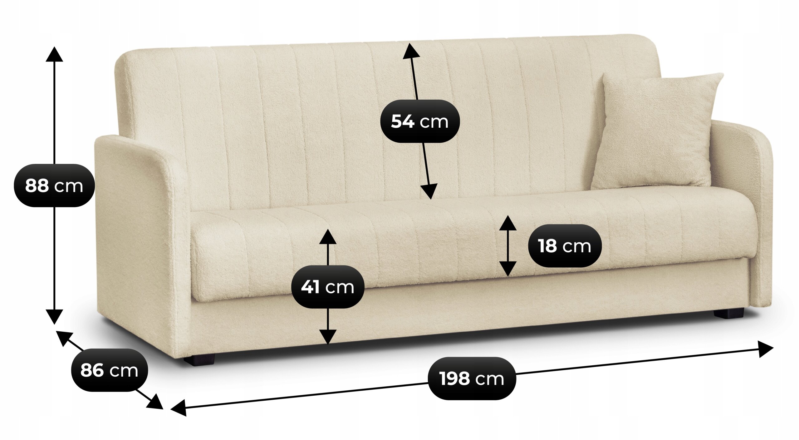 Beżowa sofa z funkcją spania, z poduszką, ma wymiary: wysokość 88 cm, głębokość 86 cm, szerokość 198 cm, wysokość oparcia 54 cm, wysokość siedziska 41 cm, grubość siedziska 18 cm.