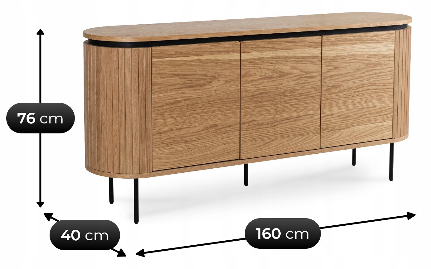 Drewniana komoda o wymiarach 160 cm szerokości, 76 cm wysokości i 40 cm głębokości, z lamelami i czarnymi nóżkami.