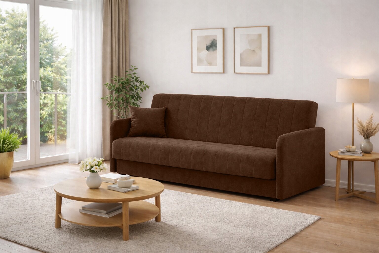 W pokoju znajduje się brązowa sofa z poduszką, ustawiona na jasnym dywanie. Obok sofy stoi okrągły stolik z dekoracjami, a w tle widać zasłony i dwa obrazy na ścianie.