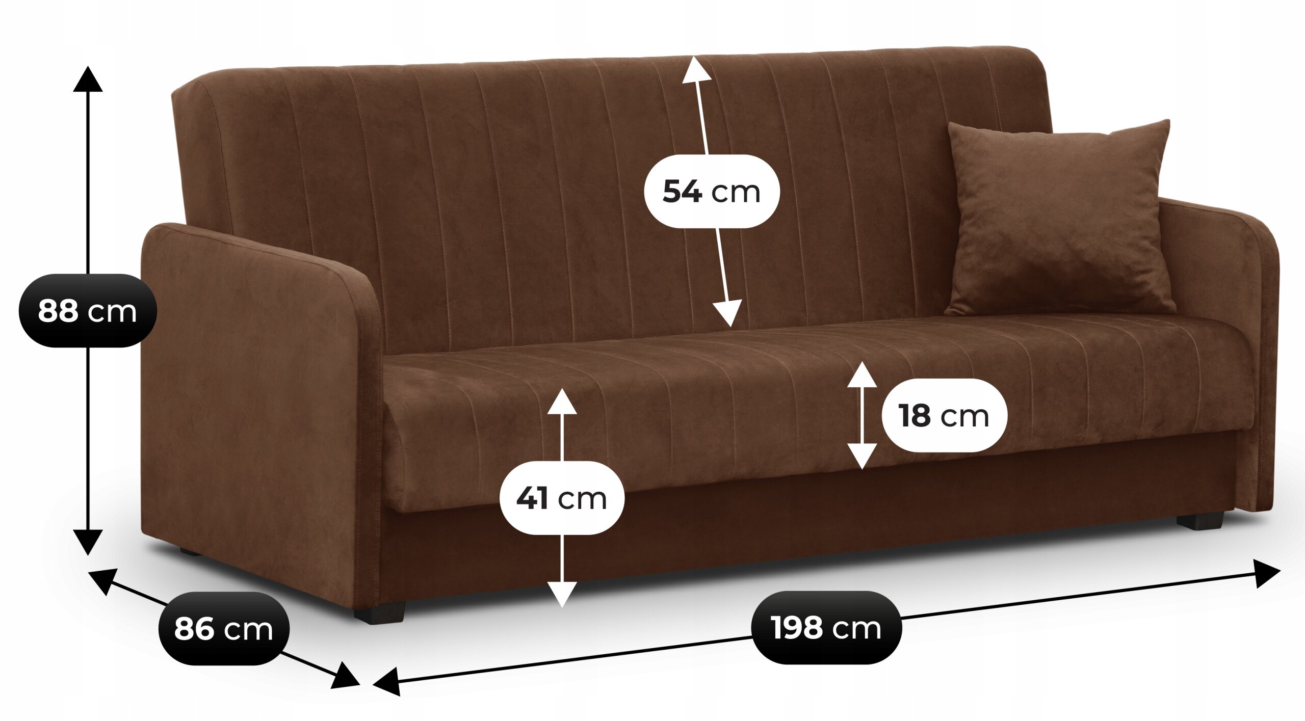 Brązowa sofa z funkcją spania, z poduszką, ma wymiary: wysokość 88 cm, szerokość 86 cm, długość 198 cm. Dodatkowe wymiary to 54 cm, 41 cm i 18 cm, oznaczone strzałkami na oparciu i siedzisku.