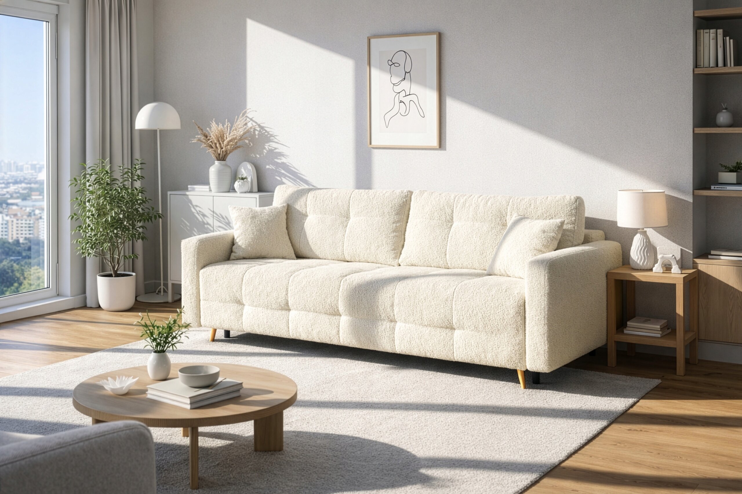 Beżowa sofa rozkładana z funkcją spania stoi w jasnym, nowoczesnym salonie. W tle widać stolik z lampą, rośliny doniczkowe i obraz na ścianie.