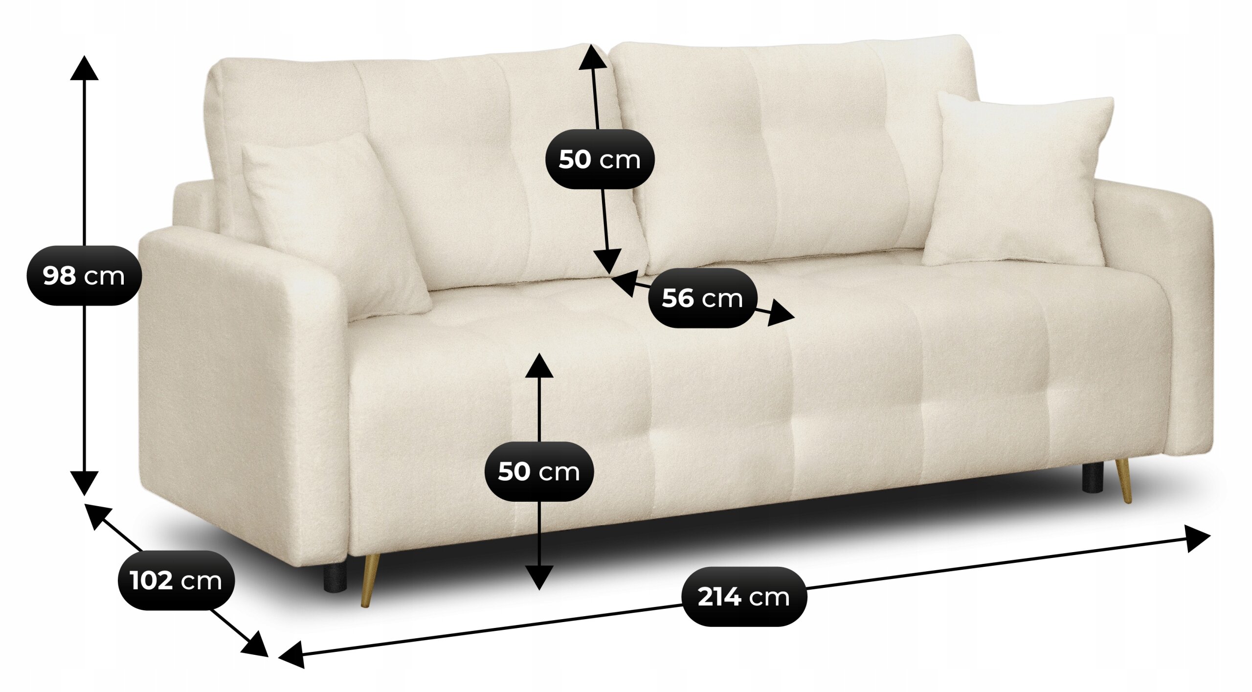 Beżowa sofa rozkładana z funkcją spania, z poduszkami, o wymiarach: wysokość 98 cm, głębokość 102 cm, szerokość 214 cm, wysokość siedziska 50 cm, głębokość siedziska 56 cm.