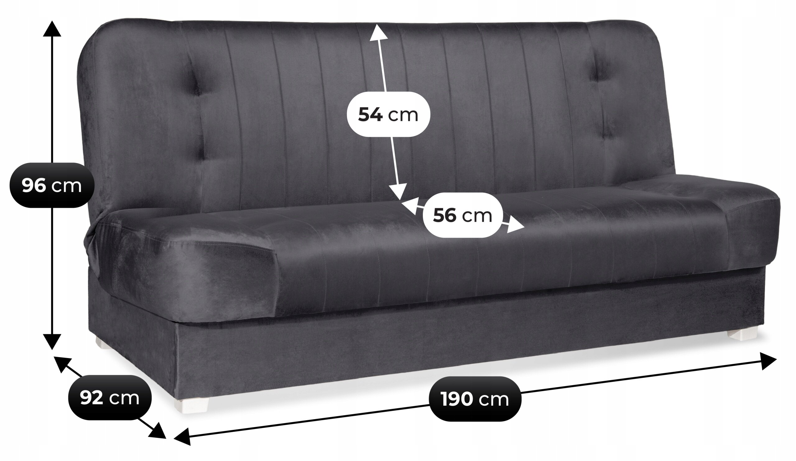 Szara welurowa sofa z funkcją spania, o wymiarach: wysokość 96 cm, głębokość 92 cm, szerokość 190 cm, wysokość oparcia 54 cm, głębokość siedziska 56 cm.