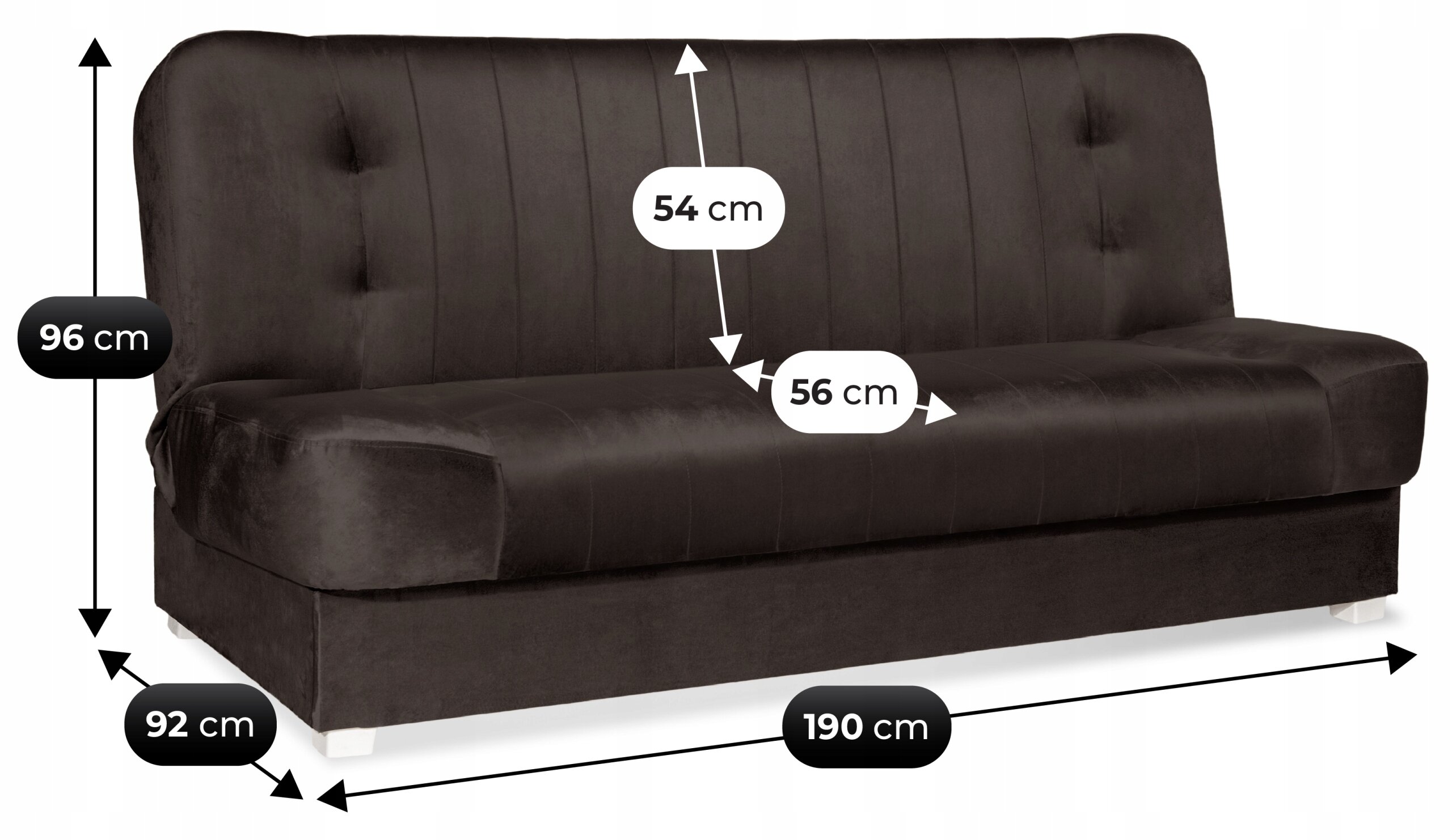 Brązowa welurowa sofa z funkcją spania, o wymiarach: wysokość 96 cm, głębokość 92 cm, szerokość 190 cm. Na oparciu widoczne są pionowe przeszycia, a na obrazie zaznaczone są wymiary: 54 cm i 56 cm.