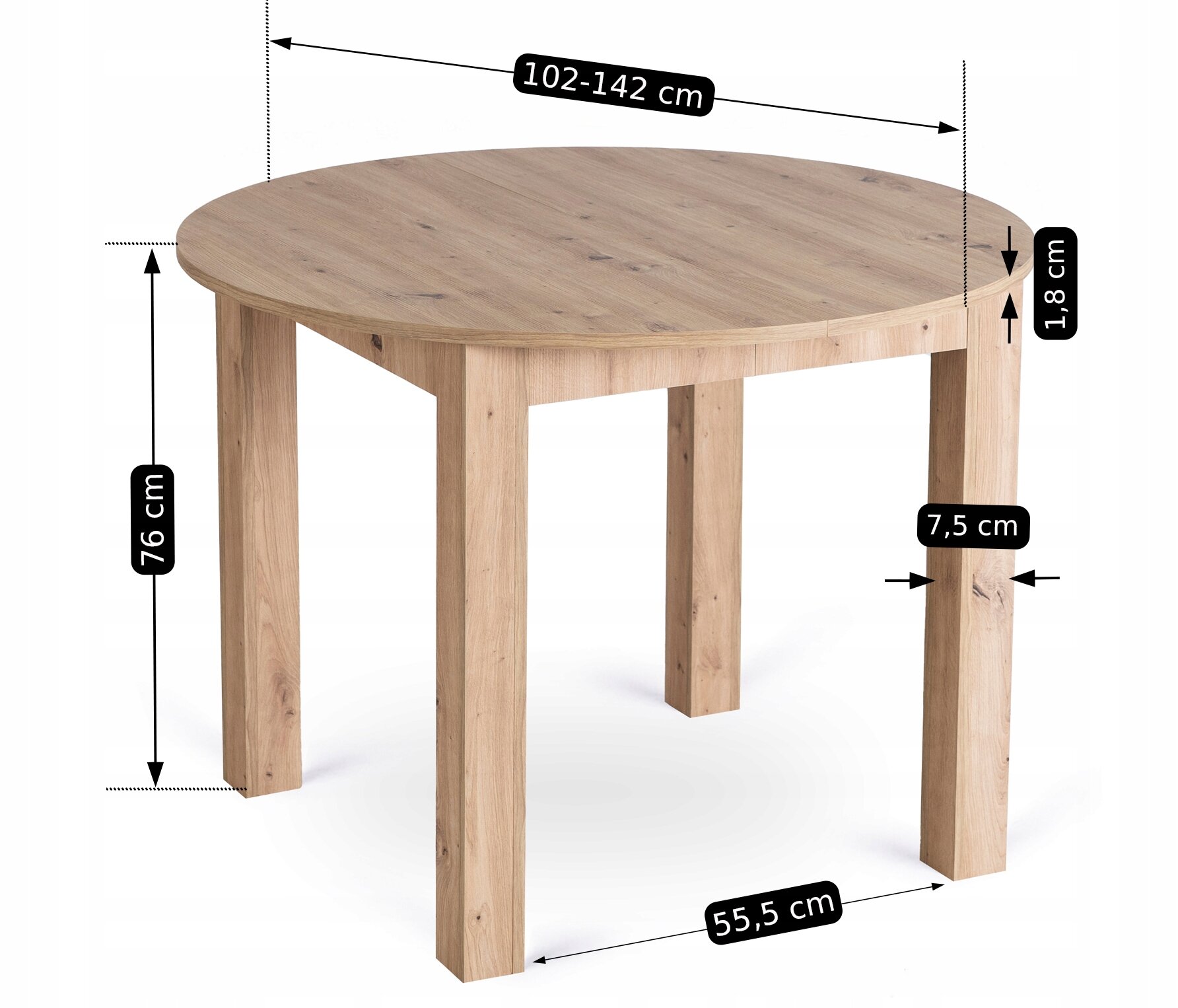 Na obrazie widoczny jest drewniany stół o okrągłym blacie, z możliwością rozłożenia do długości 102-142 cm. Wymiary stołu to: wysokość 76 cm, grubość blatu 1,8 cm, szerokość nóg 7,5 cm, odległość między nogami 55,5 cm.