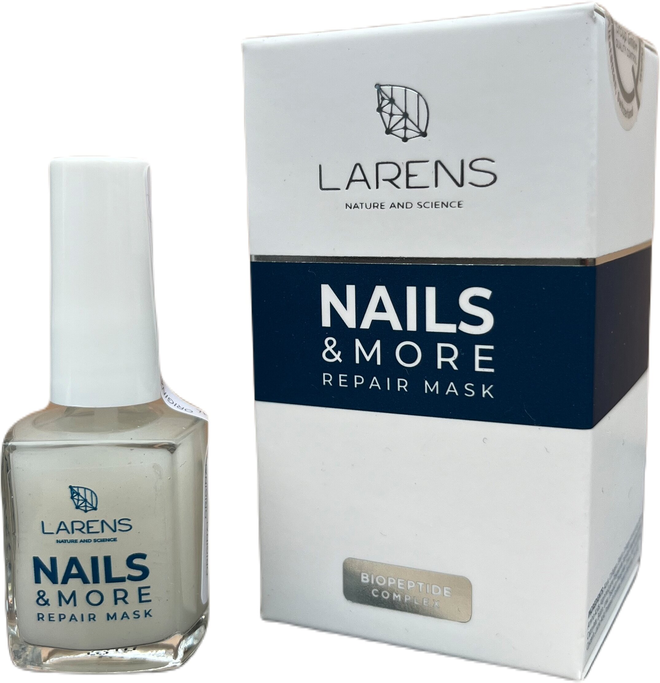 Na obrazie widoczna jest butelka z białą nakrętką oraz pudełko z napisem \'LARENS NAILS & MORE REPAIR MASK\'. Na pudełku znajduje się również napis \'BIOPEPTIDE COMPLEX\'.