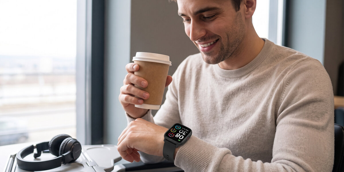 Mężczyzna patrzy na czarny smartwatch Denver na swoim nadgarstku. W drugiej ręce trzyma papierowy kubek z kawą.