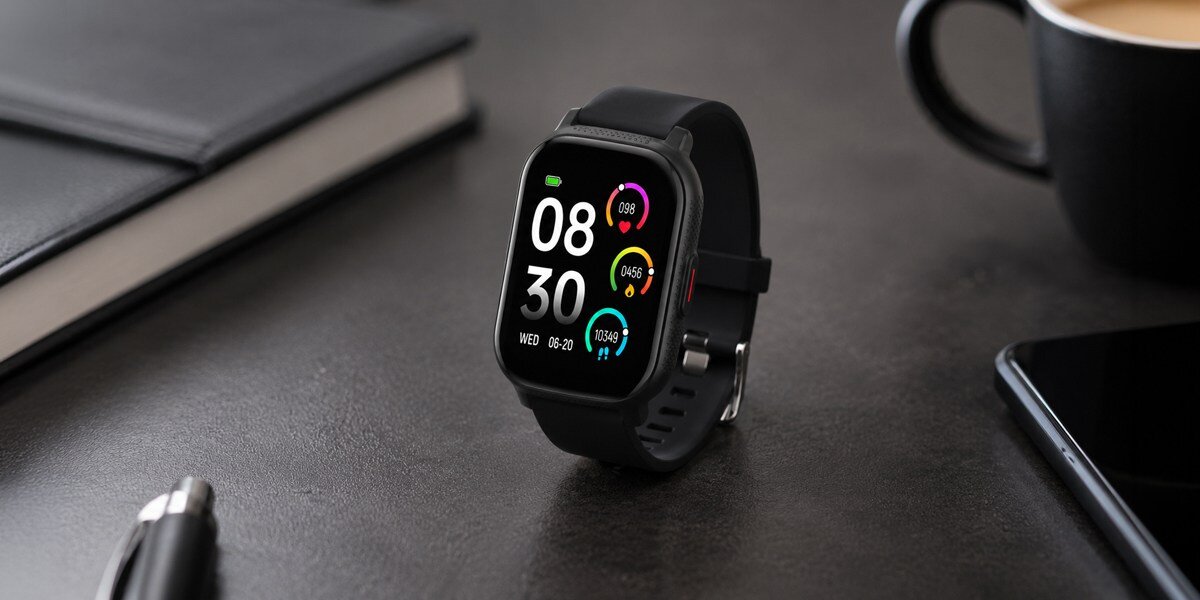 Na ciemnym blacie stoi czarny smartwatch Denver. W tle znajduje się filiżanka z kawą oraz zamknięty notes.