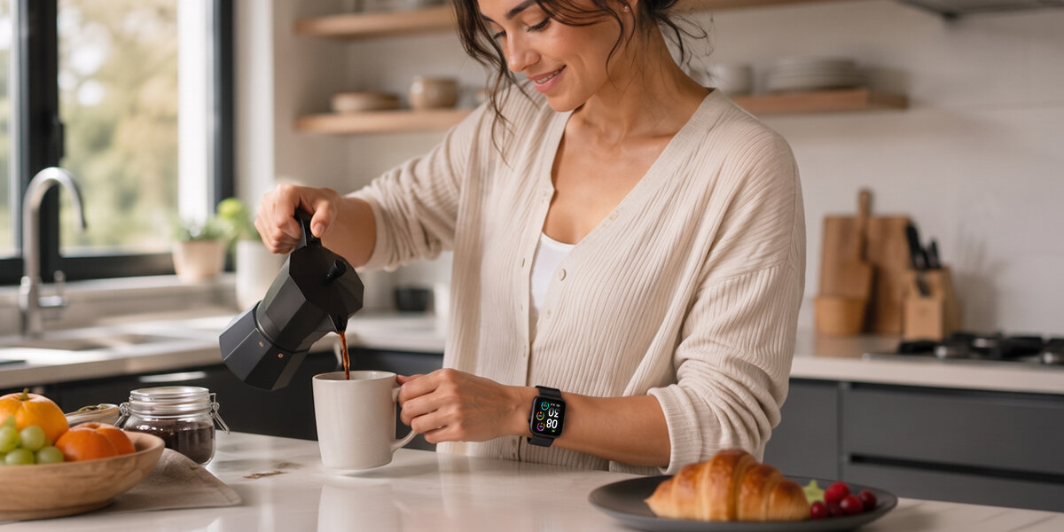 Kobieta w kuchni ma na ręku czarny smartwatch Denver. Nalewa kawę z kawiarki, a na talerzu obok leży rogalik.