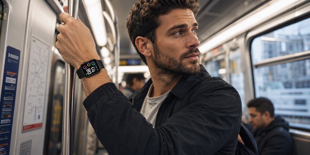 Mężczyzna w metrze trzyma się poręczy. Na jego nadgarstku znajduje się czarny smartwatch Denver.