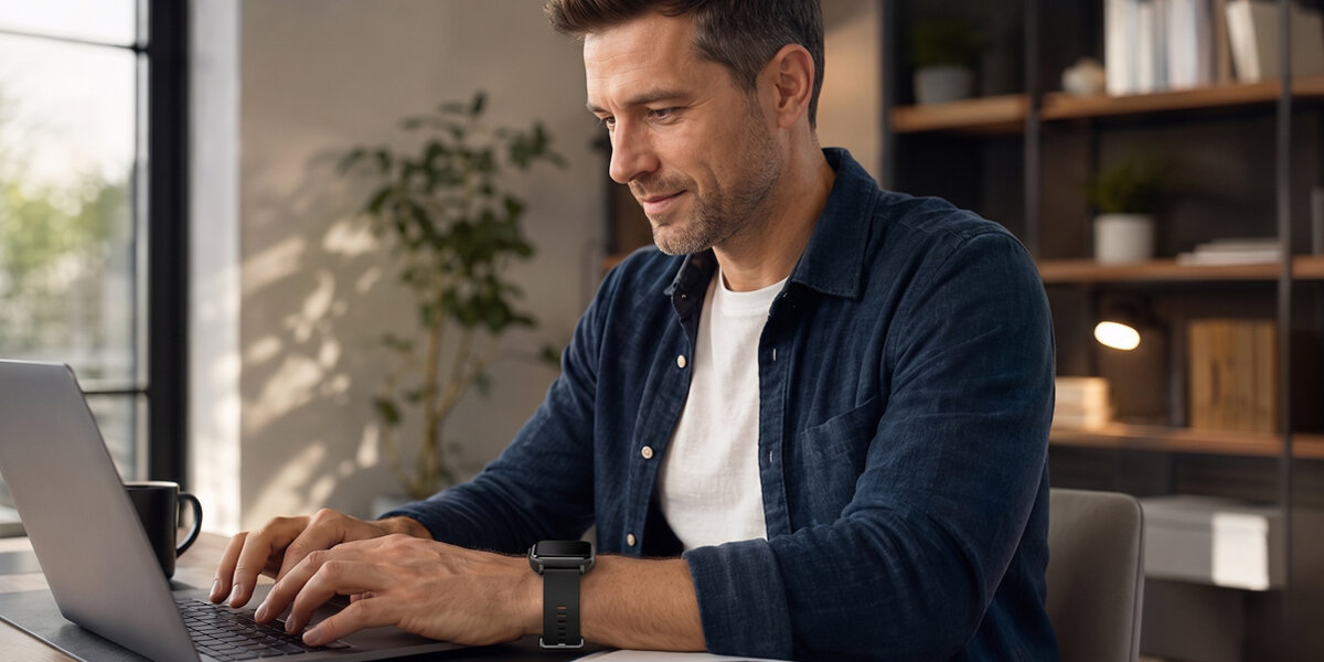 Mężczyzna pisze na laptopie, mając na ręku czarny smartwatch Denver. W tle widać regał oraz roślinę.