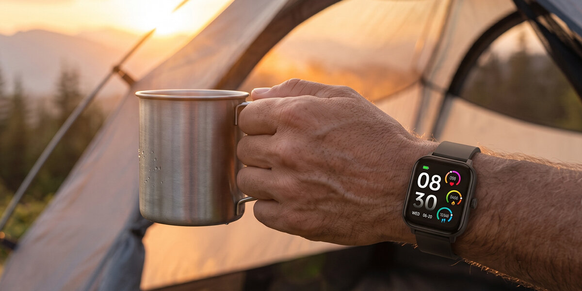 Mężczyzna trzyma metalowy kubek na tle namiotu. Na nadgarstku znajduje się czarny, prostokątny smartwatch Denver.