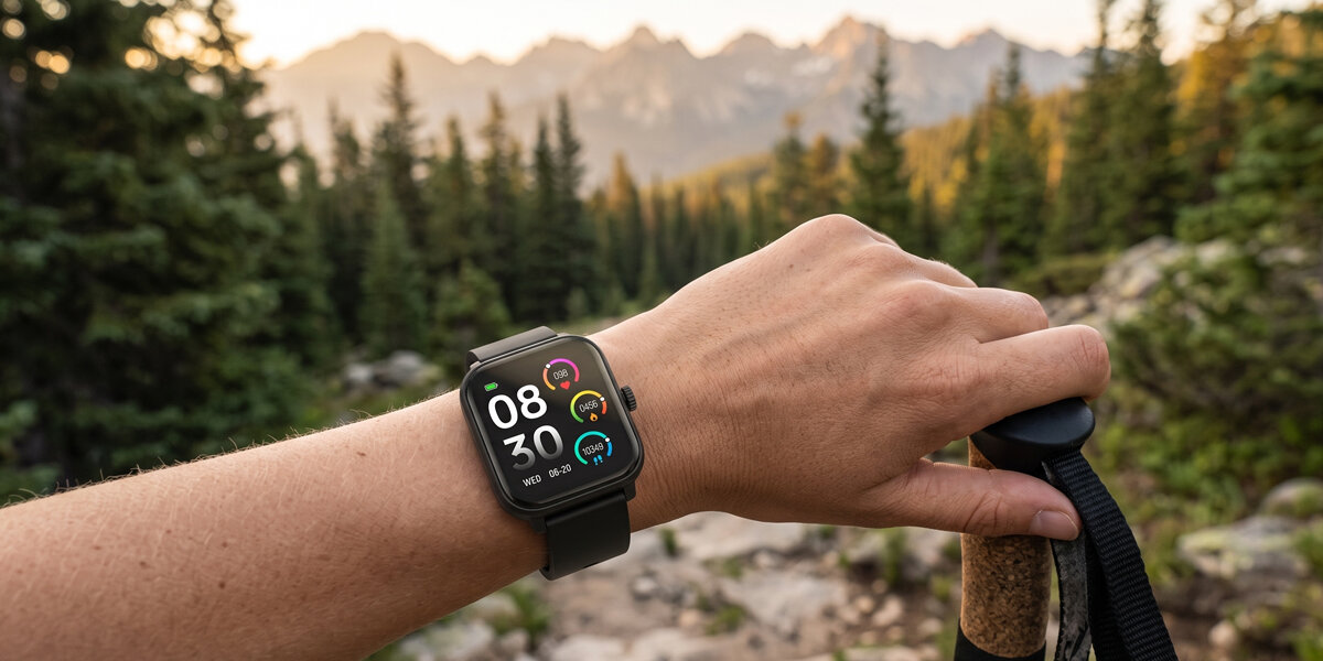 Wędrowiec trzyma kijek trekkingowy w górskim lesie. Na jego nadgarstku znajduje się czarny smartwatch Denver.