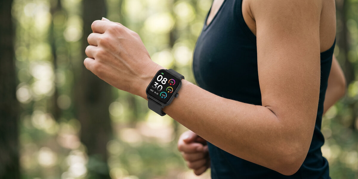 Biegaczka trenuje w lesie. Na jej nadgarstku znajduje się czarny smartwatch Denver z włączonym wyświetlaczem.