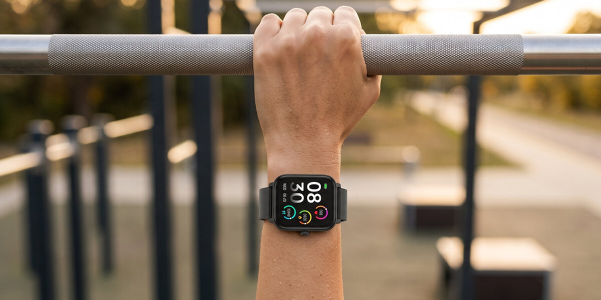 Mężczyzna podciąga się na drążku do ćwiczeń. Na nadgarstku znajduje się czarny smartwatch Denver z włączonym wyświetlaczem.