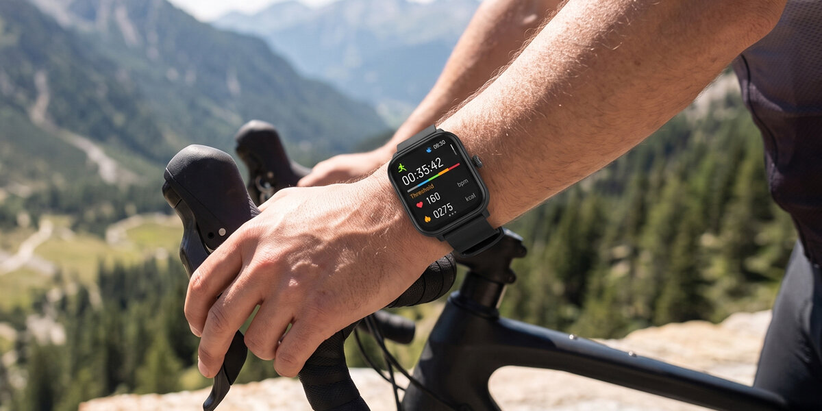 Mężczyzna trzyma kierownicę w górach. Na nadgarstku widać czarny smartwatch Denver z uruchomioną aplikacją sportową.