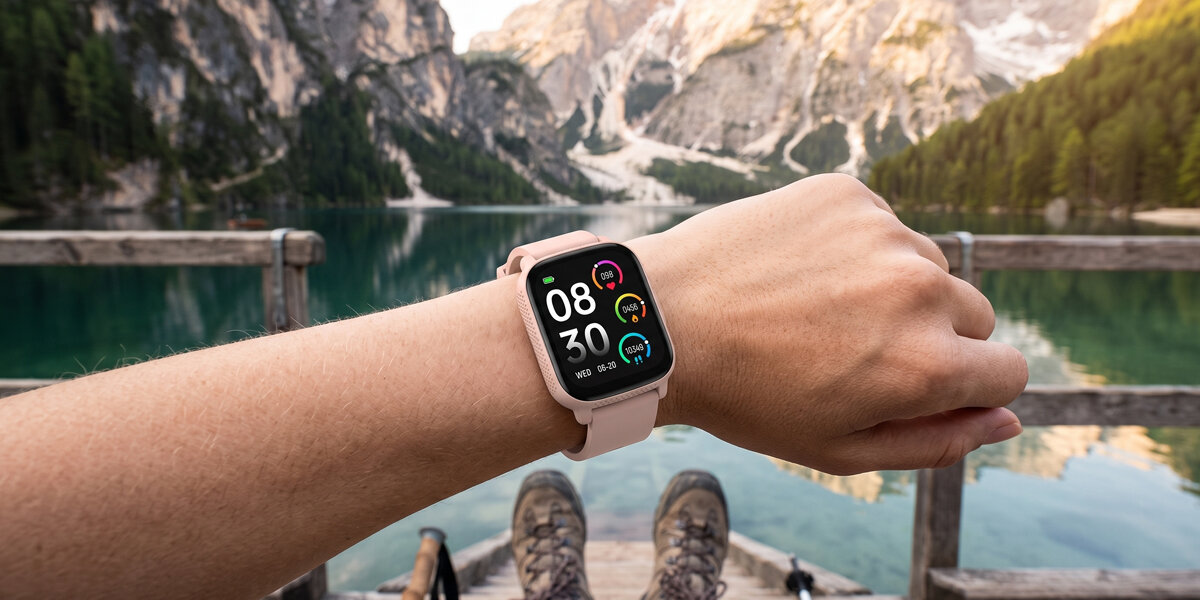 Na ręce kobiety znajduje się różowy smartwatch Denver. W tle widać górskie jezioro oraz drewniany pomost.