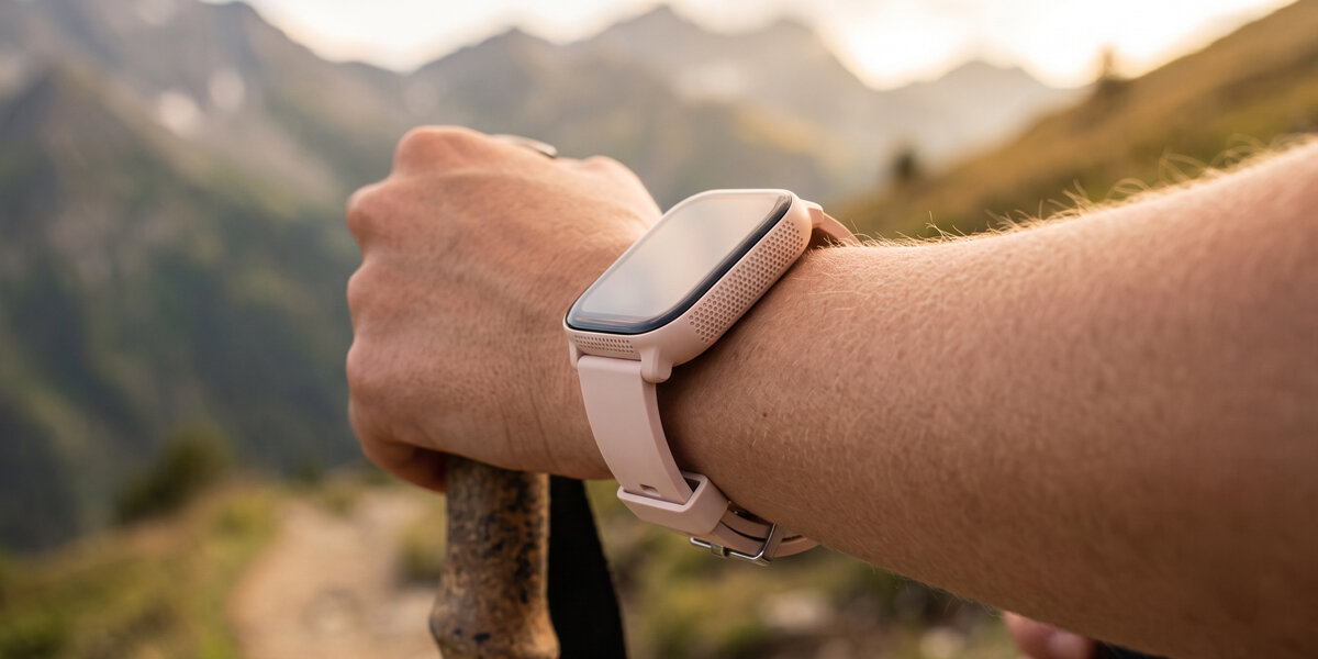 Różowy smartwatch Denver znajduje się na ręce kobiety trzymającej kijek. W tle widać górskie szczyty. 
