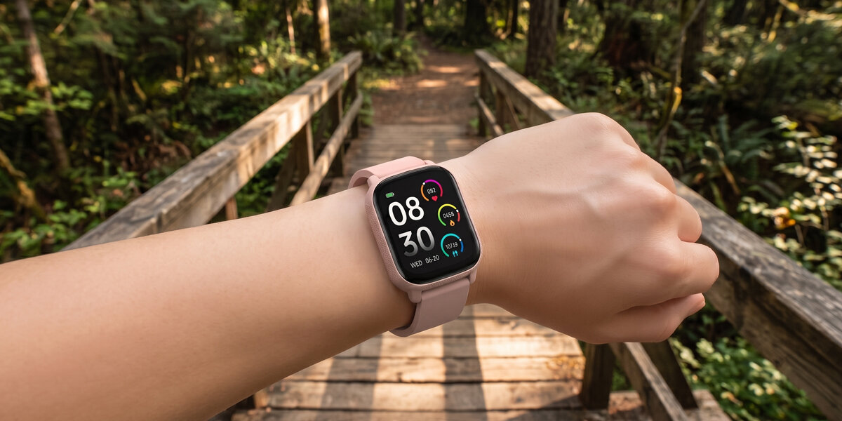 Na nadgarstku kobiety znajduje się różowy smartwatch Denver. W tle widać drewniany mostek w zielonym, gęstym lesie.