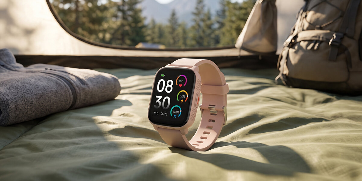 W namiocie leży różowy smartwatch Denver. Obok znajduje się szara bluza oraz turystyczny plecak.