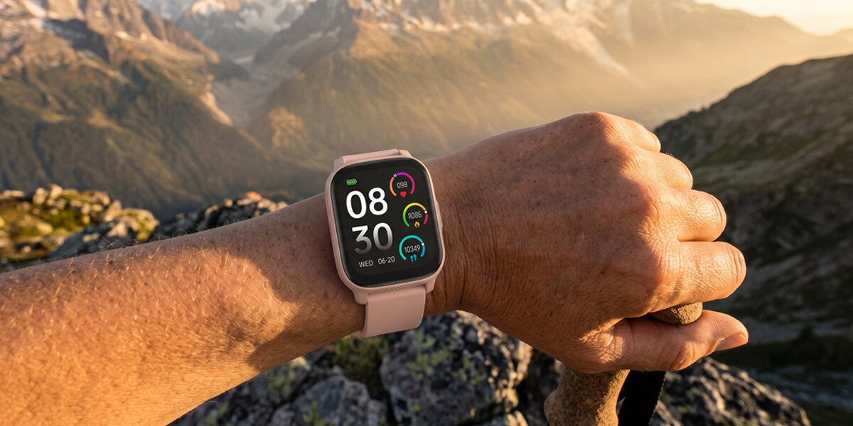 Na ręku opartym na kijku trekkingowym jest różowy smartwatch Denver. Tło to górski krajobraz o zachodzie słońca.