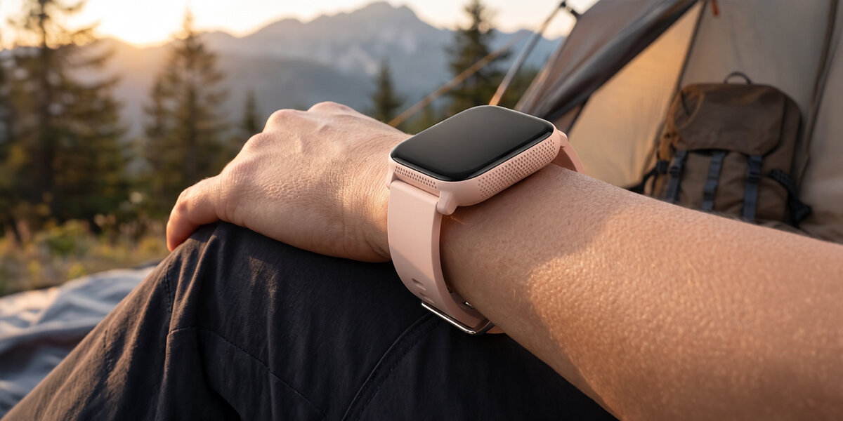Różowy smartwatch Denver jest na ręku opartym na kolanie. W tle widać namiot oraz góry o zachodzie słońca.
