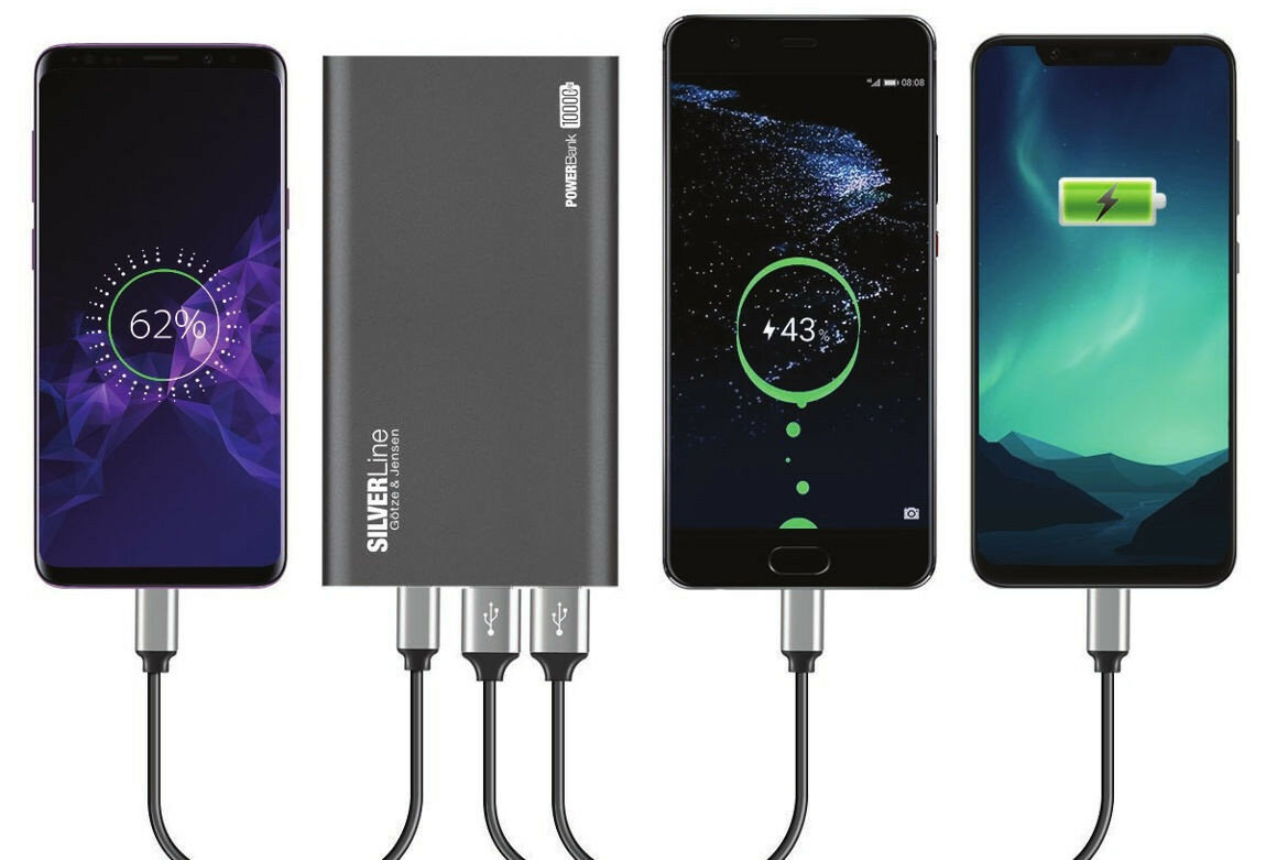 Powerbank GÖTZE & JENSEN Silver Line PZMI11B 10000mAh Niebieski 3 urzadzenia port usb usb-c microusb