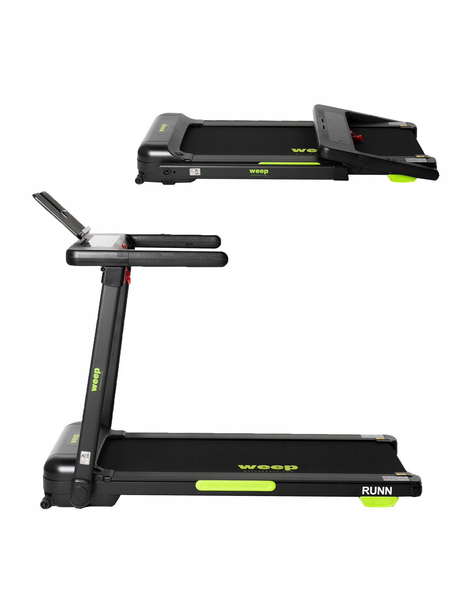 Na obrazie widoczna jest czarna bieżnia elektryczna z zielonymi elementami i napisem \'weep RUNN\'. Bieżnia jest przedstawiona w dwóch ujęciach: złożona i rozłożona.