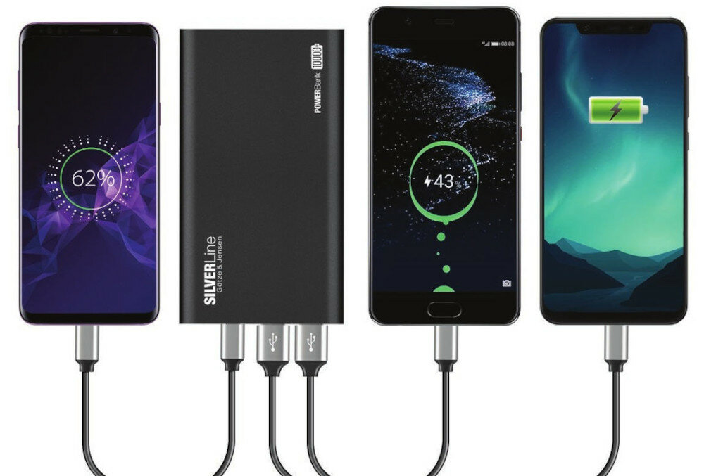 Powerbank GÖTZE & JENSEN Silver Line PZMI11B 10000mAh Niebieski 3 urzadzenia port usb usb-c microusb