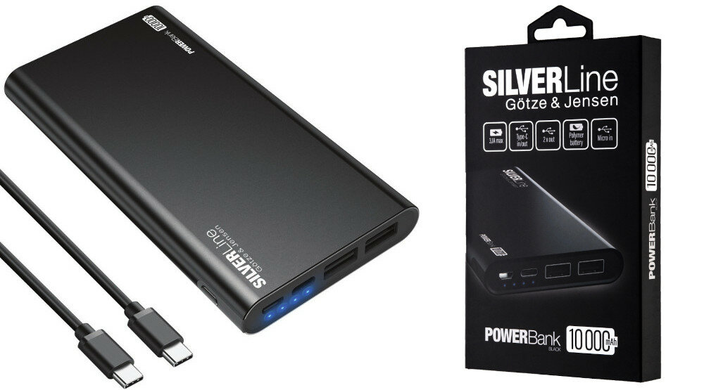 Powerbank GÖTZE & JENSEN Silver Line PZMI11B 10000mAh Niebieski 3 urzadzenia port usb usb-c microusb